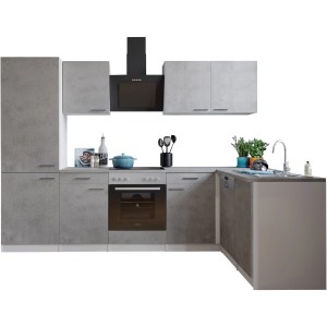 Respekta L-Küche Malia 280 cm in Betonoptik mit E-Geräten wie Kühl-/Gefrierkombination.