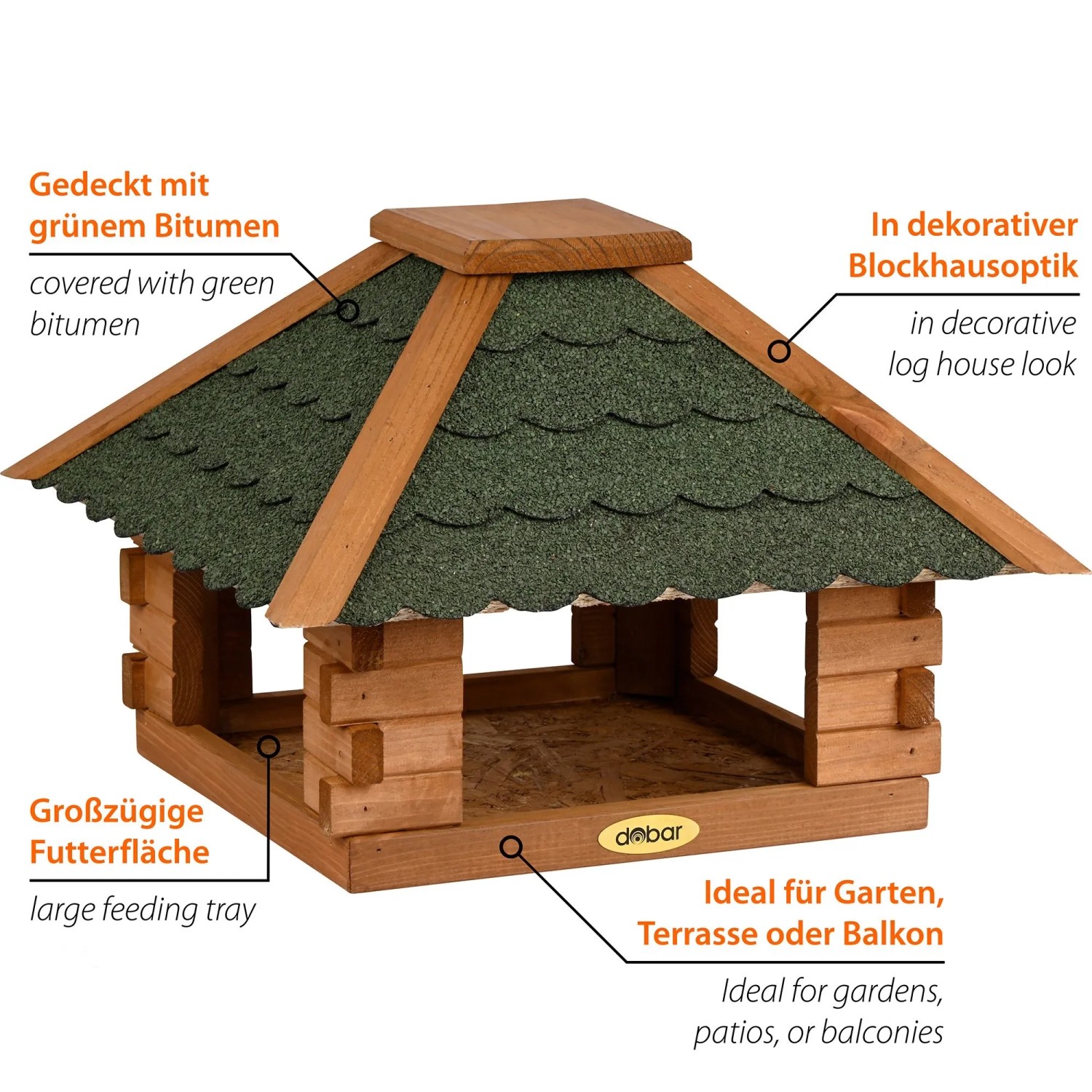 Vogelhaus Blockhaus aus braunem Kiefernholz mit grünem Bitumendach. Großzügige Futterfläche für Garten, Terrasse.