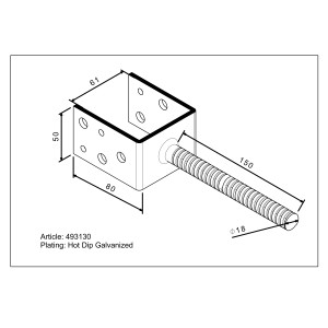 Skizze: U-Form Stützenschuh zum Einbetonieren, 61mm breit, mit Riffeldolle und Maßen.