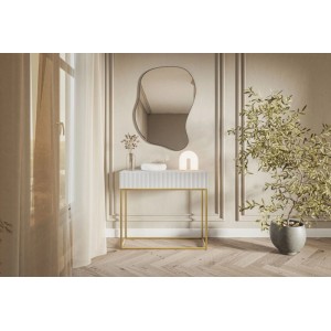 Selsey Veldio Konsolentisch 90 cm, weiß mit geriffelter Front und Schublade, goldene Beine, in modernem Flur.
