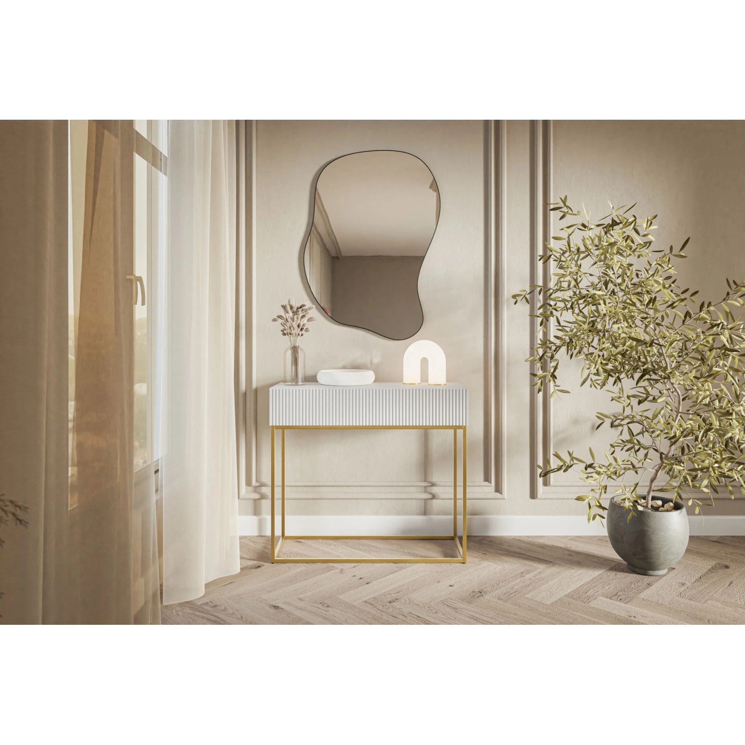 Selsey Veldio Konsolentisch 90 cm, weiß mit geriffelter Front und Schublade, goldene Beine, in modernem Flur.