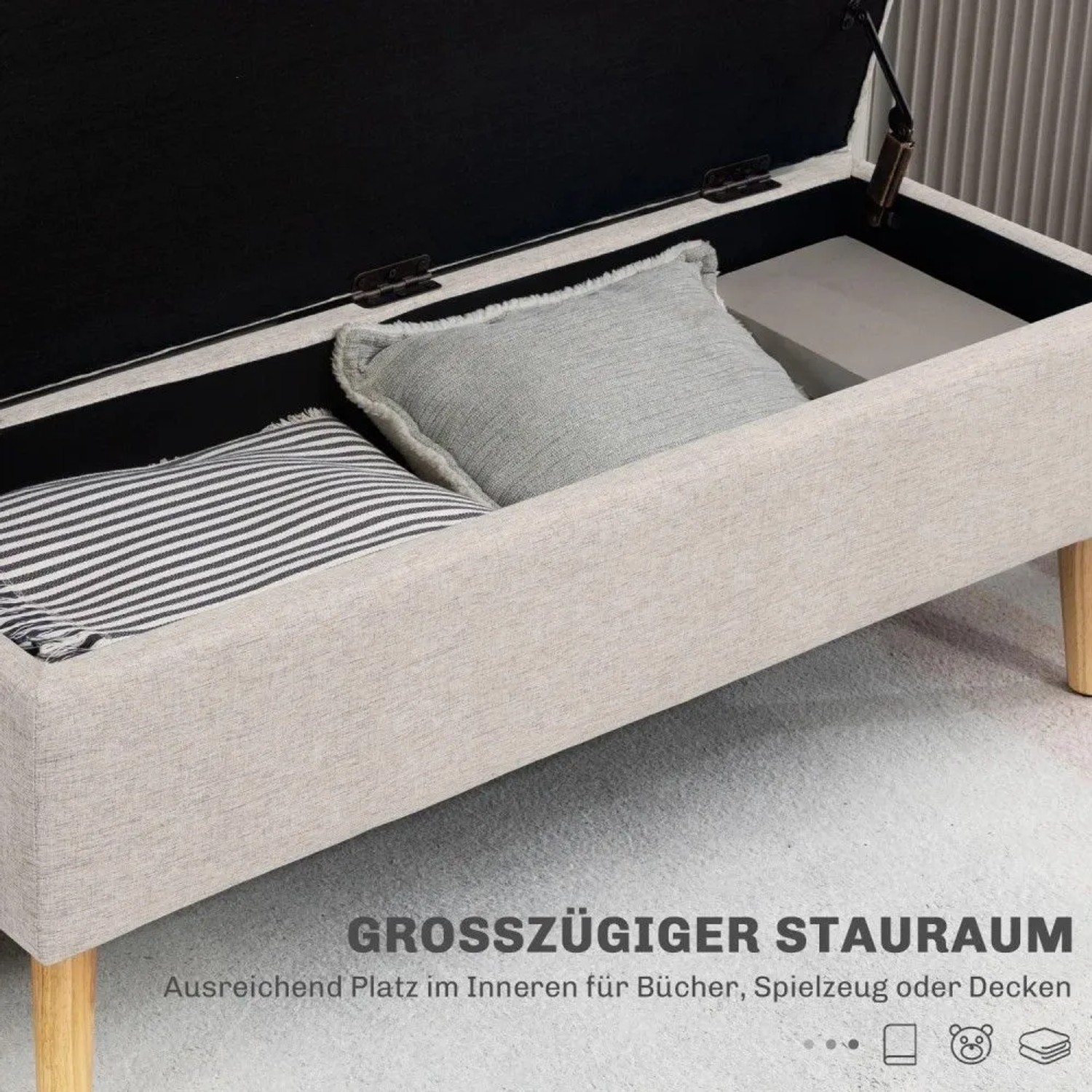 HOMCOM Sitzbank mit Stauraum, Leinenoptik beige, offen mit Kissen. Skandinavisches Design für Flur & Wohnzimmer.