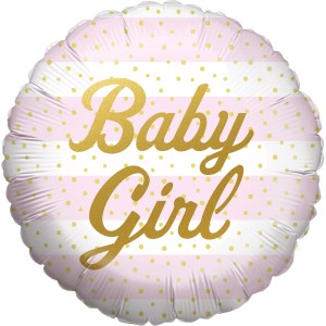 Party Factory Folienballon Baby Girl, rund, rosa mit goldenem Schriftzug und Punkten.