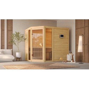 Karibu Sauna Sanna 3 Natur aus Fichte mit Glastür und Liegen im modernen Wellness-Ambiente.