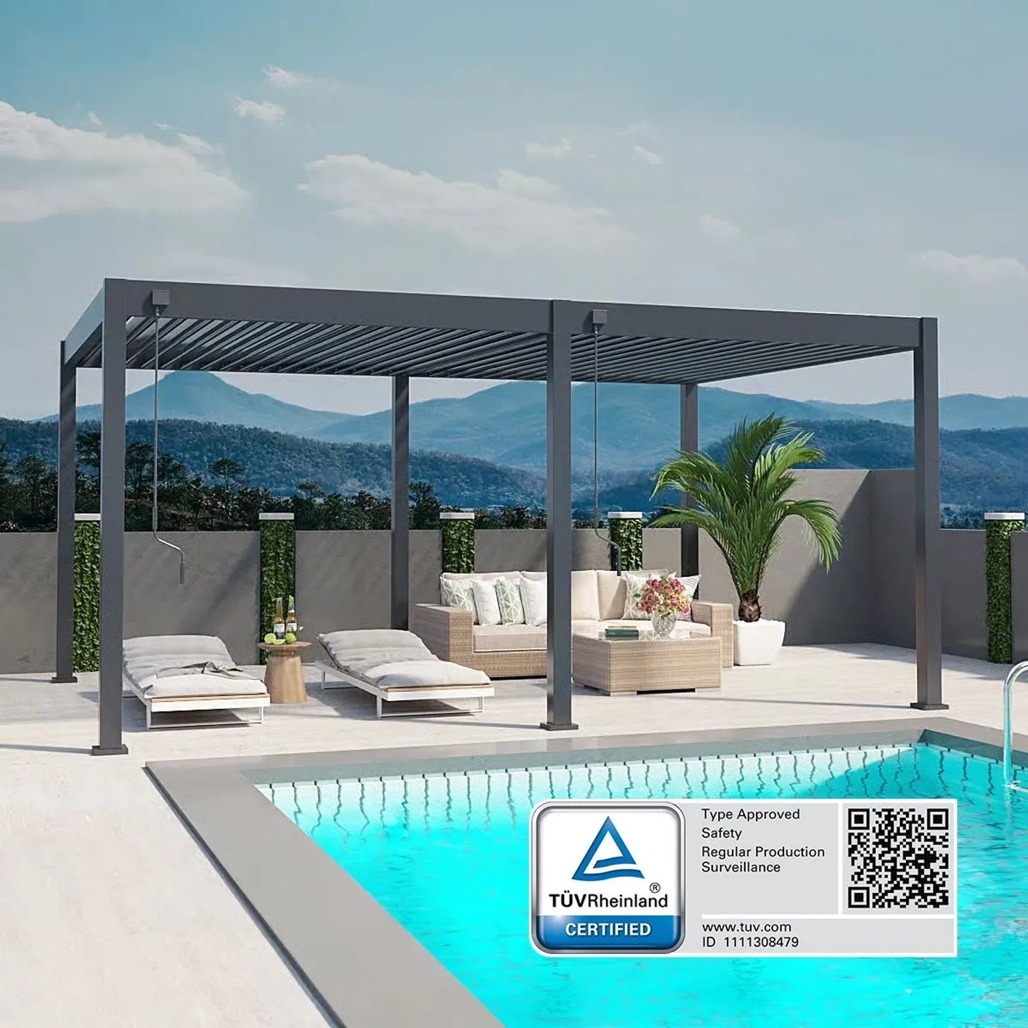 Große anthrazitfarbene Aluminium-Pergola (3,6x5,3m) mit verstellbarem Lamellendach auf Terrasse am Pool. Sonnenschutz.