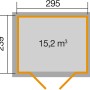 Grundriss Weka Gartenhaus 264, Pultdach, lasiert, mit Maßen und Volumenangabe.