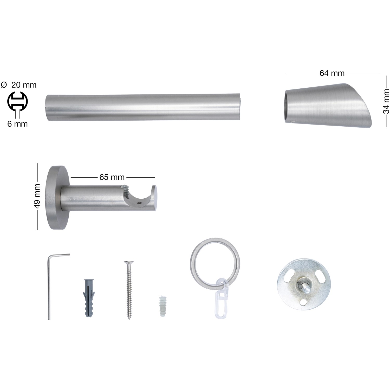 Mydeco Gardinenstange Edelstahl, 110cm, mit Endstück Rag und Zubehör.