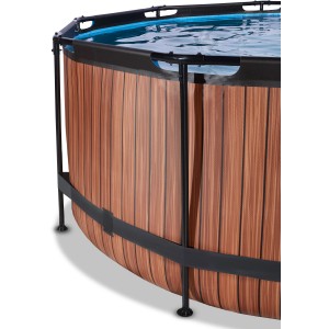 Detailansicht des runden EXIT Wood Pools Ø360cm in Braun mit Stahlrahmen und Sandfilterpumpe.