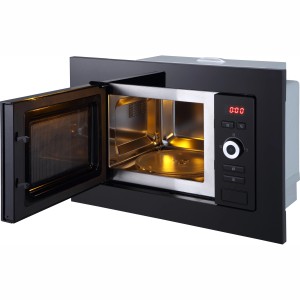 Respekta Einbaumikrowelle Jana mit Glasfront in Schwarz, Tür geöffnet.
