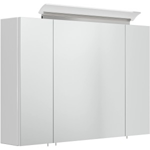 Posseik Spiegelschrank, 90 cm breit, weiß mit drei Türen und Aufsatzleuchte.