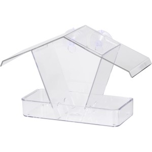 Transparentes Dobar Fenster-Vogelfutterhaus aus Acrylglas mit Saugnäpfen zur Fensterbefestigung.