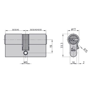 Technische Zeichnung Basi V55 Profil-Doppelzylinder, 30/30 mm, verschiedenschließend, Maße in mm.