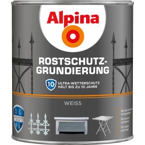 Dose Alpina Rostschutz-Grundierung Weiß, 2 Liter. Rostschutz für Eisenmetalle, Korrosionsschutz.
