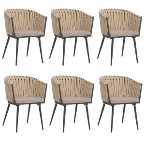 6er-Set Esszimmerstühle N38, creme-hellbraun, mit Seilgeflecht und Kissen.