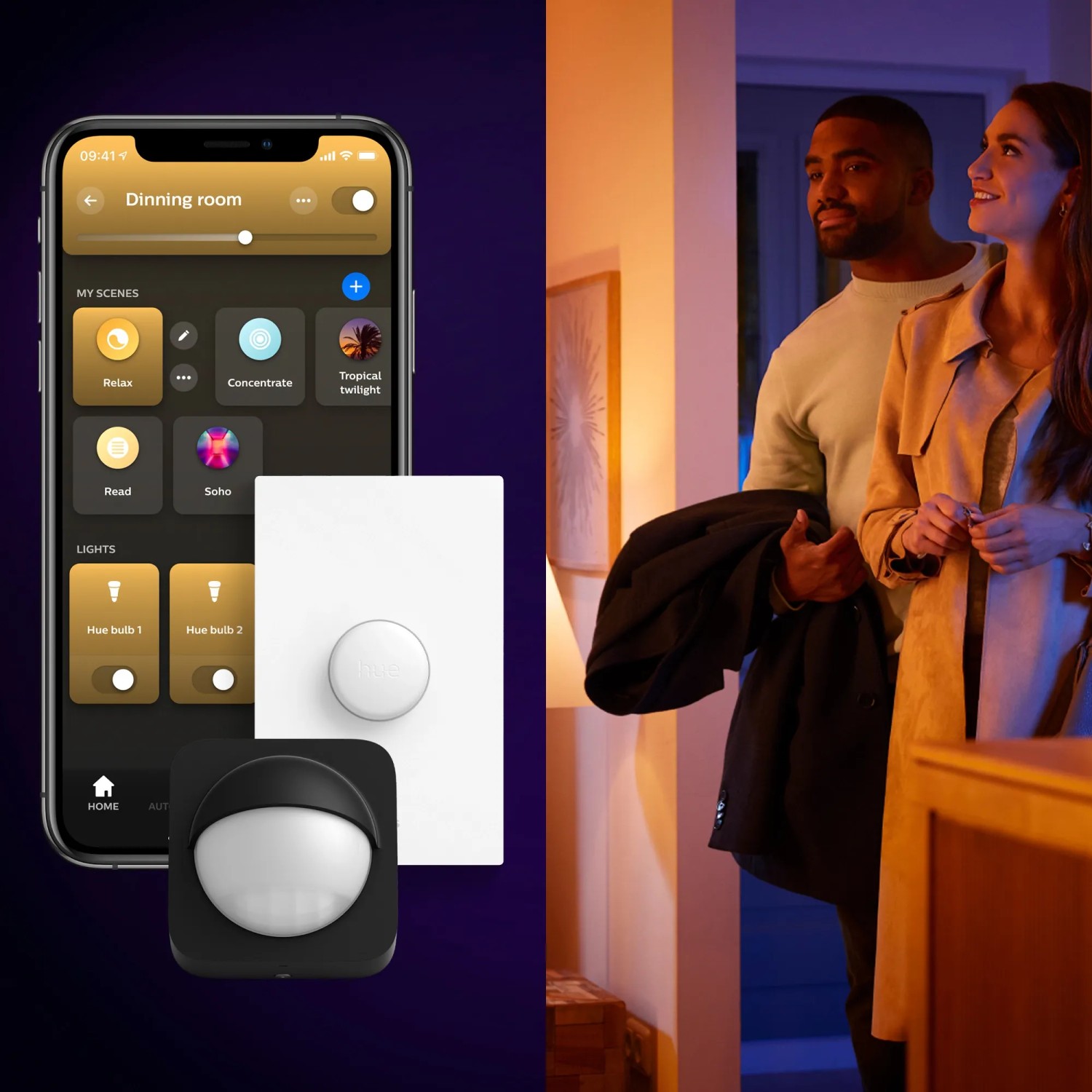 Philips Hue Aurelle LED Panel mit App, Dimmer und Sensor für smarte Lichtsteuerung im Haus.