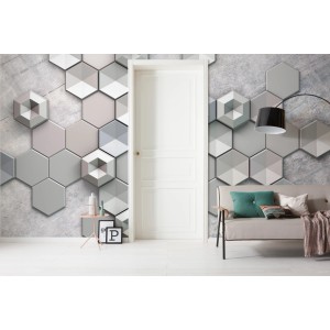 Komar Vlies Fototapete Hexagon Concrete, 400x250cm, mit 3D-Hexagon-Muster in Grau- und Weißtönen.