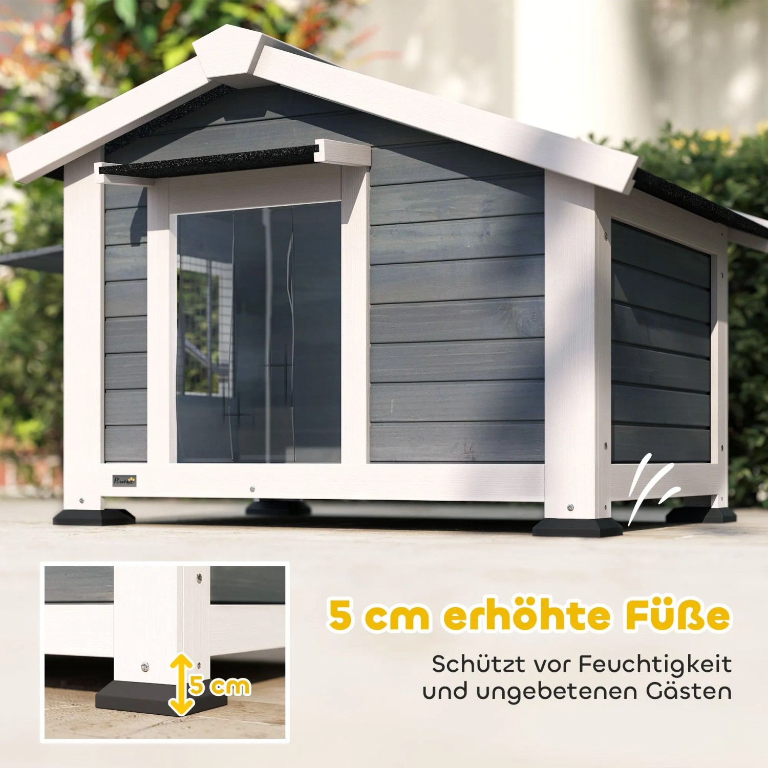 Grau-weiße PawHut Hundehütte aus Tannenholz, 5 cm erhöht, schützt vor Feuchtigkeit. Mit Fenster.