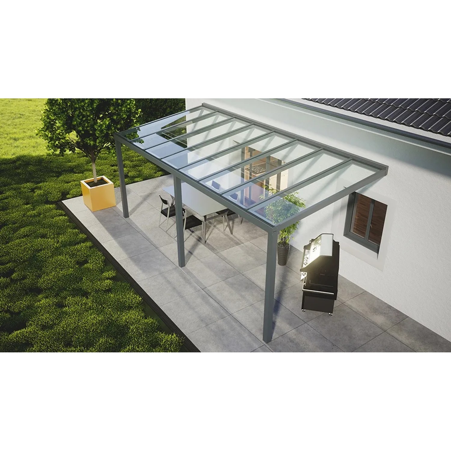 Anthrazit Terrassenüberdachung Smartline (3060x2500mm) mit Polycarbonatplatten und integriertem Wasserablauf.