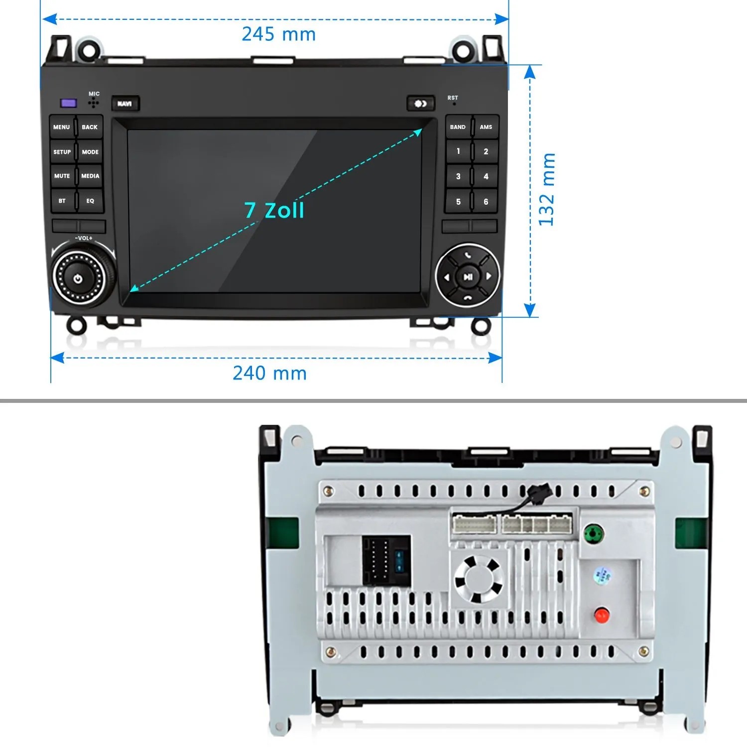 Junsun Autoradio für Mercedes-Benz, 7 Zoll Display, Android 14. Front- und Rückansicht mit Maßen 245x132mm.