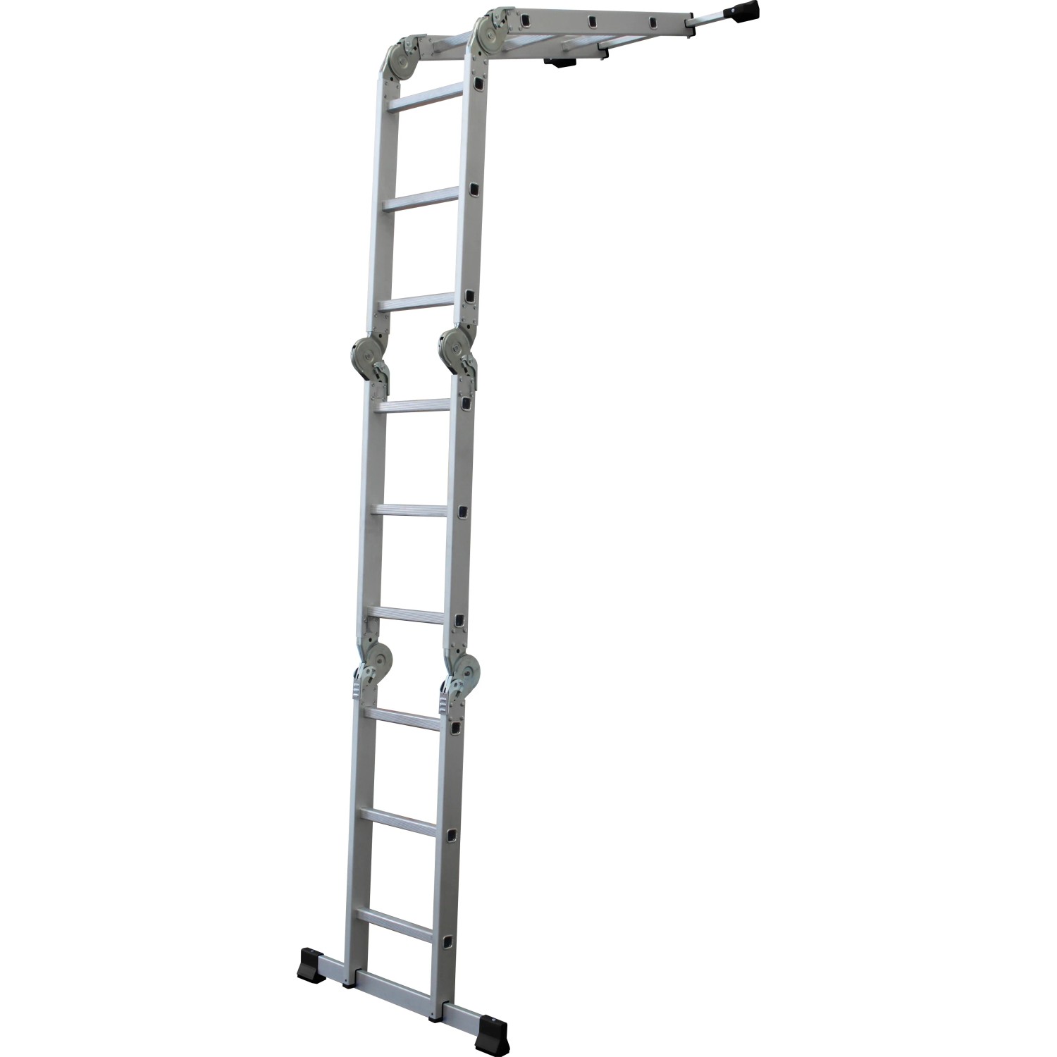 Vierteilige Mehrzweckleiter aus Aluminium mit Arbeitsplattform, 4x3 Sprossen, Arbeitshöhe 4,5 m.