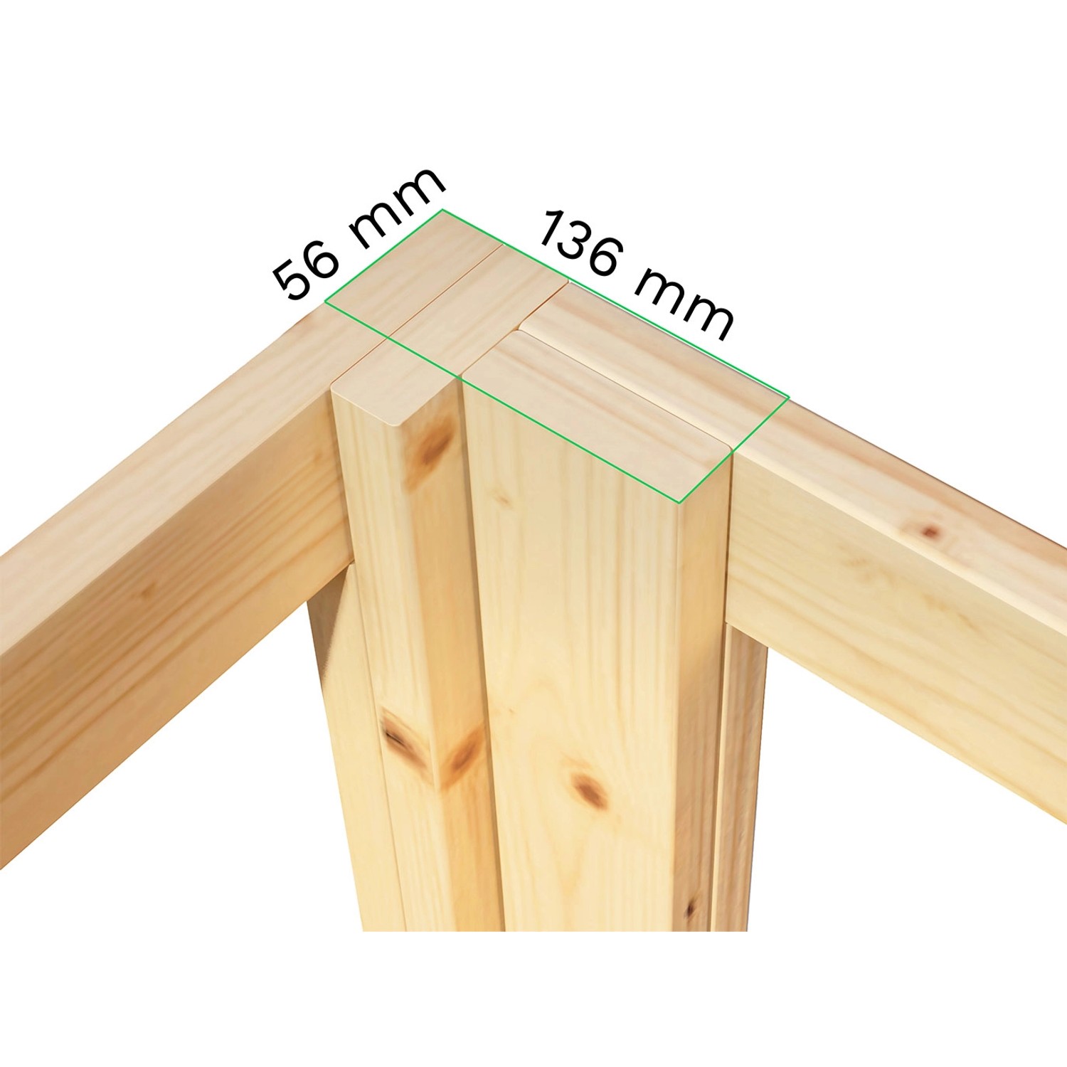 Detailaufnahme der Eckverbindung des Bertilo Gartenhauses aus Holz mit Maßangaben.