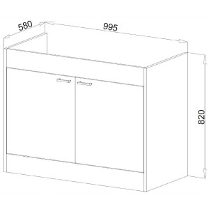 Technische Zeichnung der weißen Respekta Miniküche Pantry100 ohne Kühlschrank mit Maßangaben.