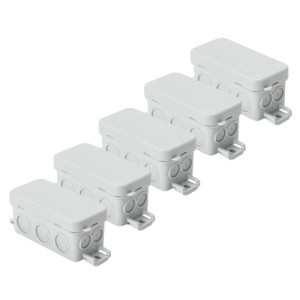 Fünf graue, rechteckige IP65 Abzweigdosen für Elektroinstallationen. Staub- und strahlwassergeschützt für innen/außen.