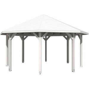 Weißer Skan Holz Pavillon Nice 3 aus Leimholz, 557x557 cm. Gartenlaube mit massivem Holzdach.