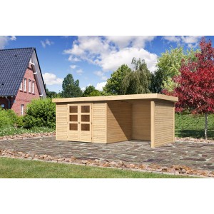 Unbehandeltes Karibu Holz-Gartenhaus Boras mit Flachdach und Anbau, 298x242 cm.
