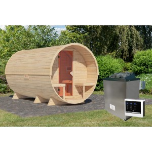 Karibu Fasssauna Set mit Ofen und Steuerung, naturbelassen, für entspannte Sauna-Momente im Garten.