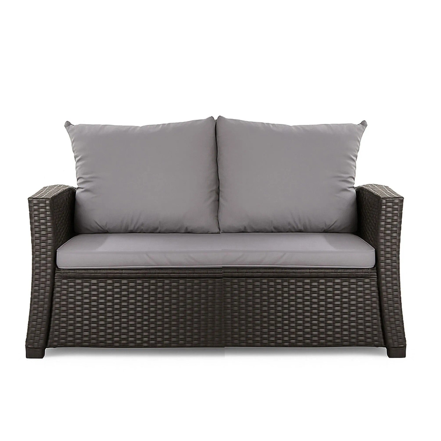 Graues 2-Sitzer Gartensofa aus Polyrattan mit Kissen. Ideal für Terrasse & Garten.