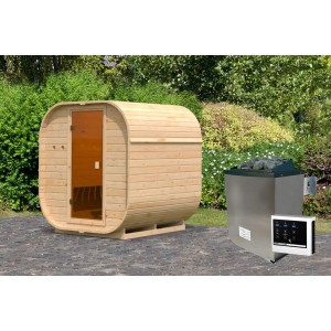 Karibu Fasssauna Quadro 1 mit externem Ofen (9 kW), naturbelassen. Massivholzsauna für den Garten.