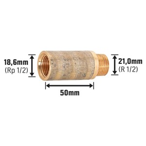 Hahnverlängerung aus Rotguss, 18,6 mm x 21 mm, 50 mm lang, für Gewindefittings.