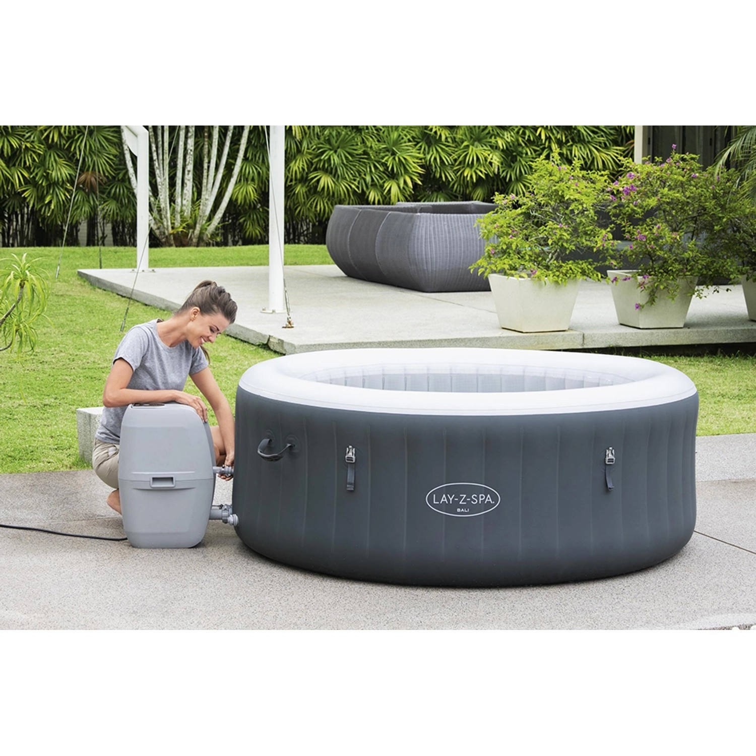 Bestway Lay-Z-Spa Bali AirJet aufblasbarer Whirlpool, Ø 180cm, mit Pumpe und LED-Beleuchtung.