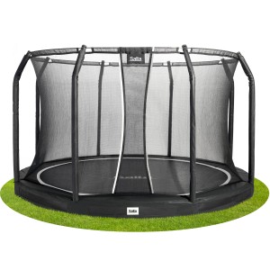 Schwarzes Salta Premium Ground Trampolin ø 366 cm, ein Bodentrampolin mit Sicherheitsnetz.