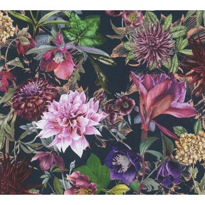 Vliestapete mit Blumenmuster in Grün, Schwarz und floralem Design.