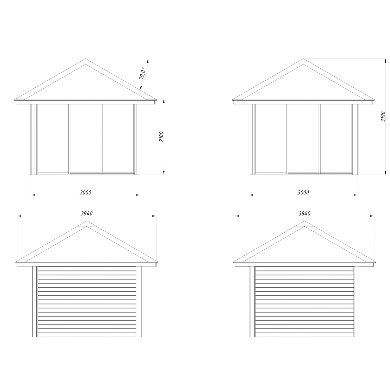 Technische Zeichnung: Palmako Pavillon Bianca Set201 Slide, braun, 300x300 cm, mit Maßen.