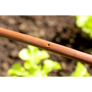 Elgo Tropfschlauch DP15 für Hochbeet, Nahaufnahme: Brauner Schlauch mit Wassertropfen.