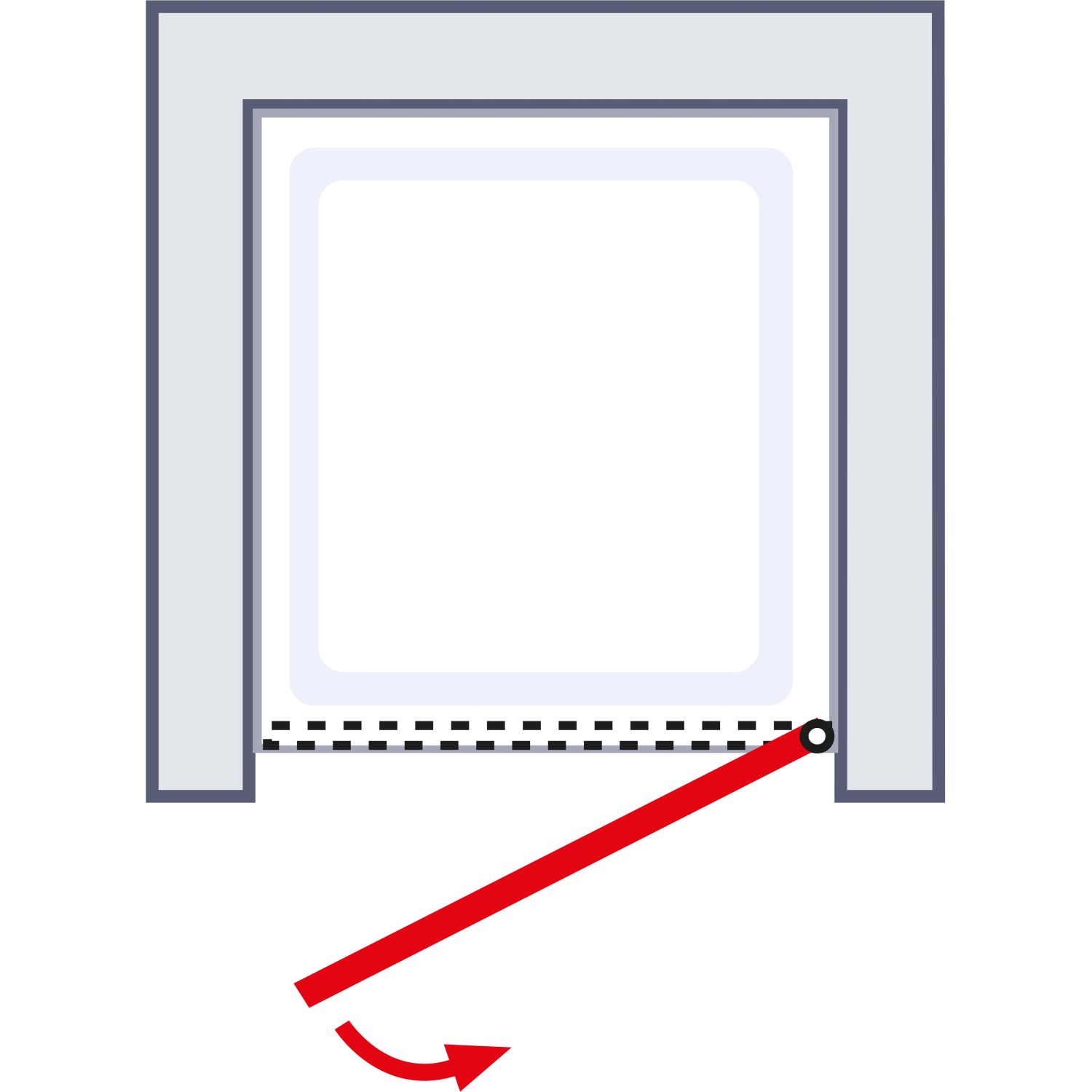 Skizze einer weißen Schulte Drehtür aus Echtglas, 80x180 cm, mit rotem Drehpunkt und Pfeil.
