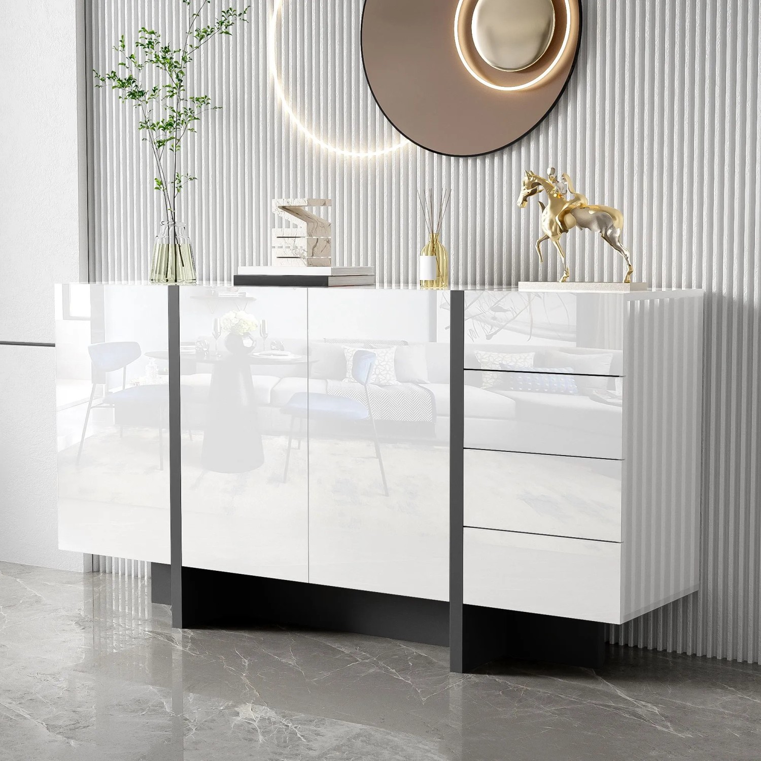 okwish Sideboard mit 2 Türen 4 Schubladen Wohnzimmer Esszimmer 150x40x80cm Weiß_3