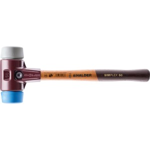 Schonhammer Simplex 50 mm mit Holzstiel und zwei Schlageinsätzen (TPE-Soft, TPE-Mid).