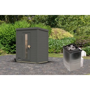Karibu Saunahaus Arvi 0, terragrau, mit Ofen. Kompakte Gartensauna mit Ofen für entspannte Stunden.