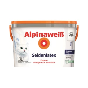 Eimer Alpinaweiß Seidenlatex, 10 Liter, seidenglänzend. Innenfarbe für strapazierfähige Wände.