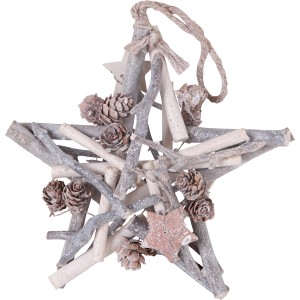 Geschmückter Holzstern (20 cm) als weihnachtliche Dekoration zum Aufhängen, mit Zapfen.