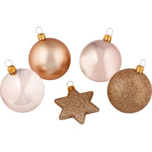 Baumschmuck-Set, 50-teilig, Champagner: Kugeln (matt, glänzend, glitzernd) und Sterne für den Weihnachtsbaum.