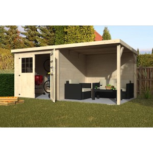 Holz-Gartenhaus Paradis: Unbehandeltes Gartenhaus mit offenem Anbau und Stauraum. Ideal für Gartenmöbel.