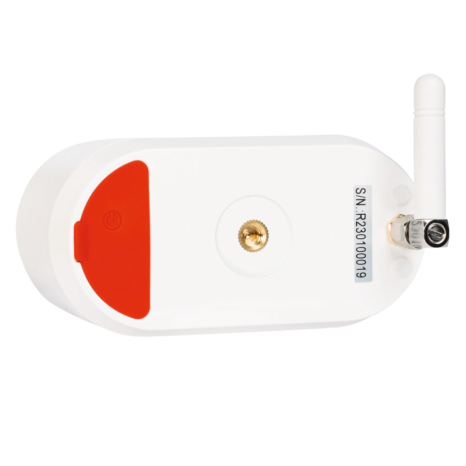 Rückseite der weißen Abus Akku-Kamera Pro mit Antenne und roter Abdeckung.