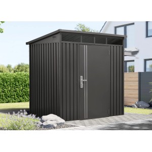Anthrazitfarbenes Gerätehaus Firstline aus Metall mit Pultdach und Oberlichtband.