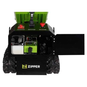 Grün-schwarzer Zipper Elektro-Dumper ZI-ED400 mit Kettenantrieb, Bedienfeld und hydraulischer Kippmulde.