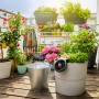 Gardena Aqua Bloom Solar-Bewässerungsset auf Balkon mit Pflanzen und Eimer.